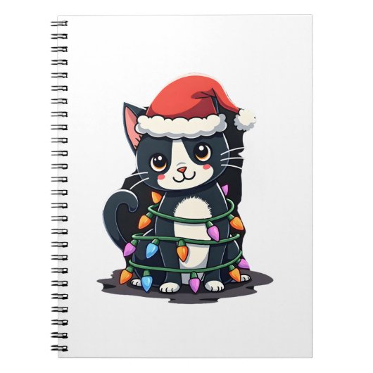 Christmas Cat Tuxedo black cat xmas lights kitty c Notitieboek (Voorkant)