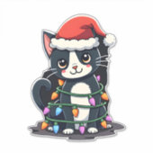 Christmas Cat Tuxedo black cat xmas lights kitty c Sticker (Voorkant)