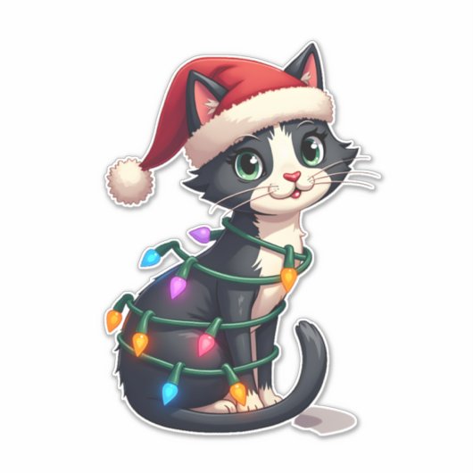 Christmas Cat Tuxedo black cat xmas lights kitty c Sticker (Voorkant)