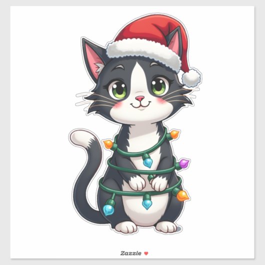 Christmas Cat Tuxedo black cat xmas lights kitty c Sticker (Vel)