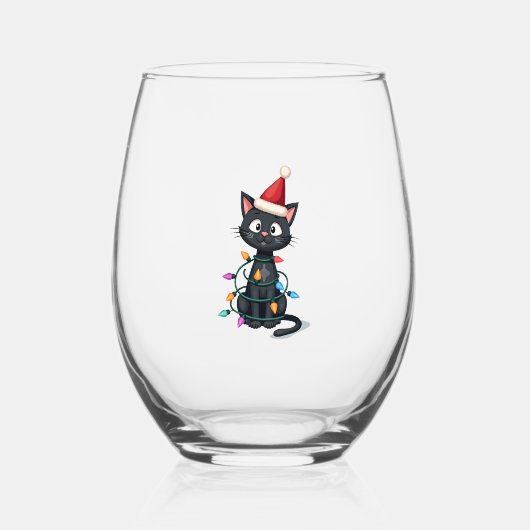 Christmas Cat Tuxedo black cat xmas lights kitty c Wijnglas Zonder Voet (Voorkant)