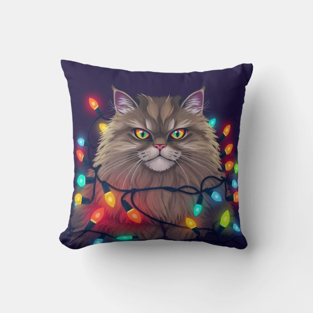 Christmas Cat Wrapped in Colorful Lights Kussen (Voorkant)