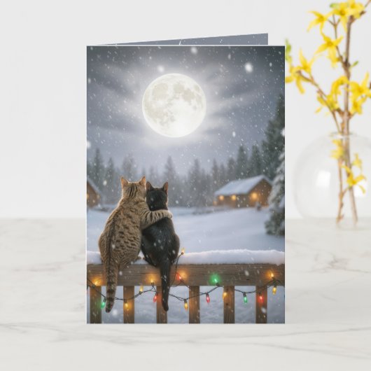 Christmas Cats Cuddling On a Snowy Fence Kaart (Gele Bloem)