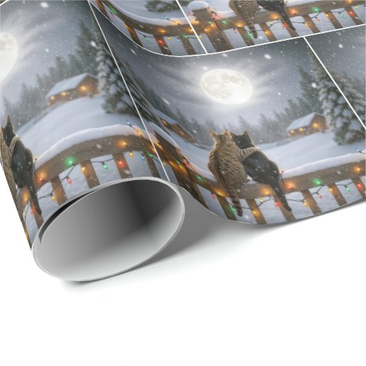 Christmas Cats Embracing On a Snowy Fence Cadeaupapier (Rol Hoek)