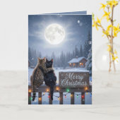Christmas Cats Embracing On a Snowy Fence Kaart (Gele Bloem)