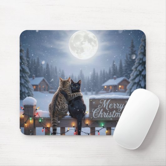 Christmas Cats Embracing On a Snowy Fence Muismat (Met muis)