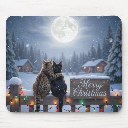 Christmas Cats Embracing On a Snowy Fence Muismat (Voorkant)