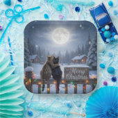 Christmas Cats Embracing On a Snowy Fence Papieren Bordje (Feest)