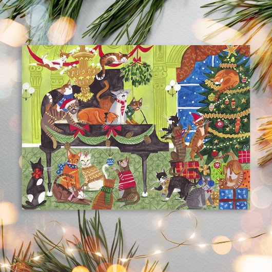 Christmas Cats playing Piano Holiday Card Briefkaart