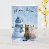 Christmas Cats Sitting With a Snowman In a Field Kaart (Gele Bloem)