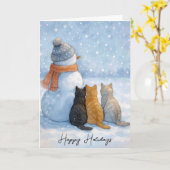 Christmas Cats Sitting With a Snowman In a Field Kaart (Gele Bloem)