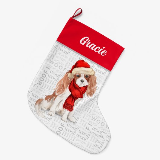 Christmas Cavalier King Charles with Dog's Name Grote Kerstsok (Voorkant (Hangend))