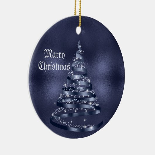Christmas Celebration Shiny Blue Ribbon Tree Keramisch Ornament (Rechts)