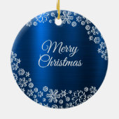 Christmas Celebration White Snowflakes Navy Blue Keramisch Ornament (Achterkant)