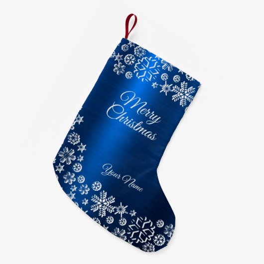 Christmas Celebration White Snowflakes Navy Blue Kleine Kerstsok (Voorkant (Hangend))