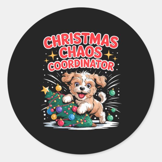 Christmas Chaos Coordinator Xmas Puppy Funny Shi-o Ronde Sticker (Voorkant)