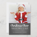 Christmas Cheer Holiday Photo Chalkboard Lettering Feestdagenkaart<br><div class="desc">Christmas cheer cards black and white chalkboard lettering Holiday foto cards, with festive red and white stripes background (back) and handwritten capital letters. Chalkboard fotocard, by red_dress, featuring one foto, a dotted line divider and the white text "Christmas cheer from our Famy to yours", against a black chalk board background....</div>