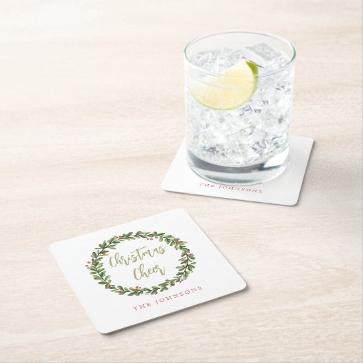 Christmas Cheer Wreath Gold Script Personalized Kartonnen Onderzetters (Insitu)