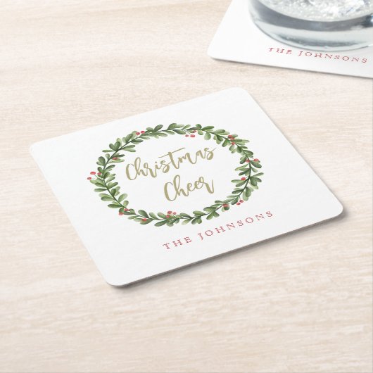 Christmas Cheer Wreath Gold Script Personalized Kartonnen Onderzetters (Schuin)