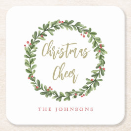 Christmas Cheer Wreath Gold Script Personalized Kartonnen Onderzetters