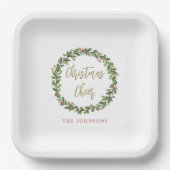 Christmas Cheer Wreath Gold Script Personalized Papieren Bordje (Voorkant)