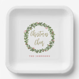 Christmas Cheer Wreath Gold Script Personalized Papieren Bordje