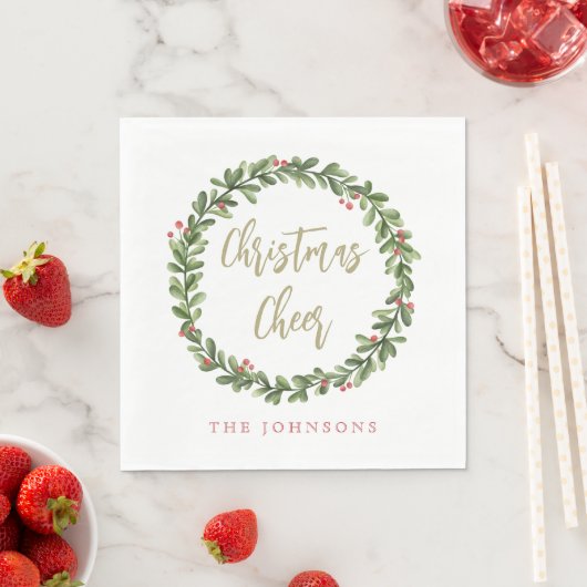 Christmas Cheer Wreath Gold Script Personalized Servet (Insitu)