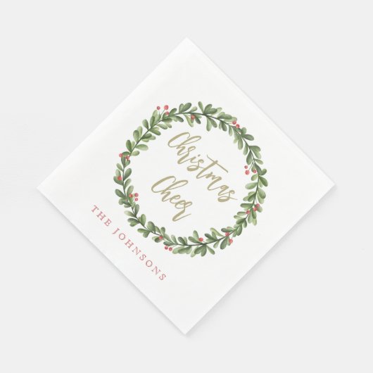 Christmas Cheer Wreath Gold Script Personalized Servet (Hoek)