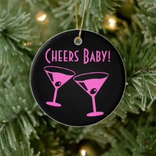 Christmas Cheers baby Neon roze cocktailbril Keramisch Ornament