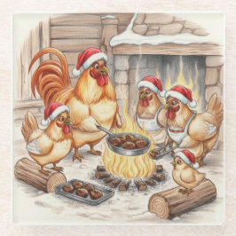 Christmas Chickens Roasting Chestnuts, Coaster Glazen Onderzetter