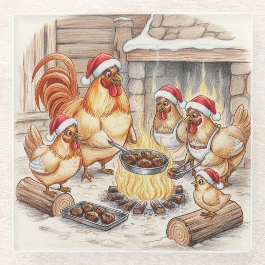 Christmas Chickens Roasting Chestnuts, Coaster Glazen Onderzetter (Voorkant)
