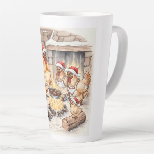 Christmas Chickens Roasting Chestnuts, Latte Mug Latte Mok (Rechterhoek)
