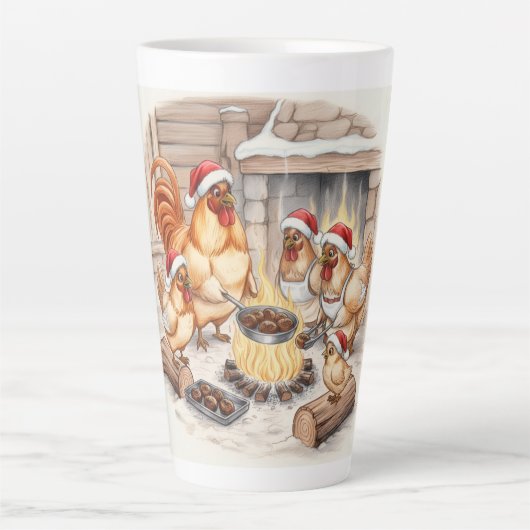 Christmas Chickens Roasting Chestnuts, Latte Mug Mok (Voorkant)