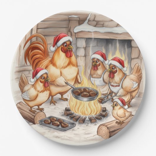 Christmas Chickens Roasting Chestnuts, Plates Papieren Bordje (Voorkant)