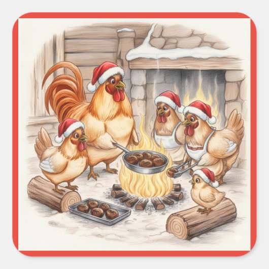 Christmas Chickens Roasting Chestnuts, Stickers (Voorkant)