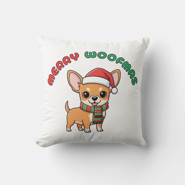 Christmas Chihuahua Pillow: Merry Woofmas Kussen (Voorkant)