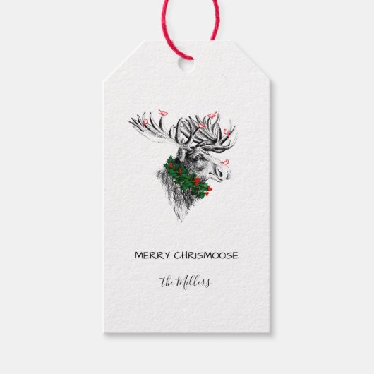 Christmas Chrismoose Moose Birds & Holly Gift Labe Cadeaulabel (Voorkant)