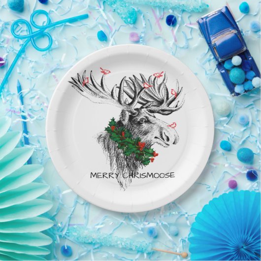 Christmas Chrismoose Moose Birds Holly Paper Plate Papieren Bordje (Feest)
