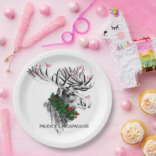 Christmas Chrismoose Moose Birds Holly Paper Plate Papieren Bordje (Feest)