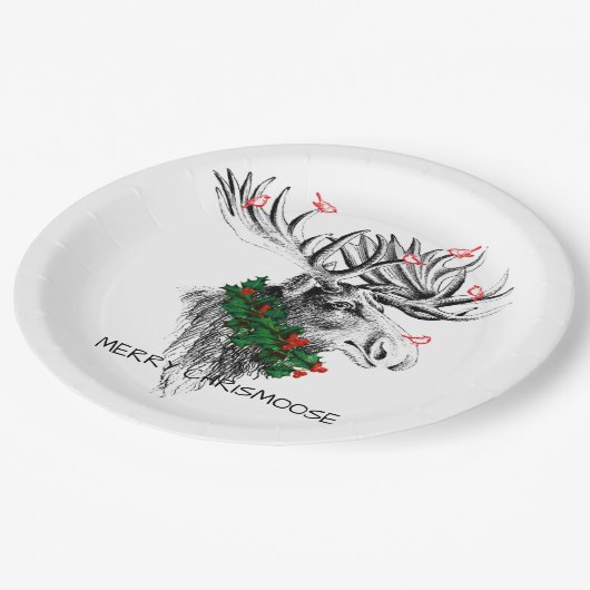 Christmas Chrismoose Moose Birds Holly Paper Plate Papieren Bordje (Gekanteld)