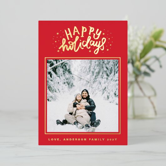 Christmas Classic Rood | Square Photo Lijst Gold Folie Feestdagenkaart (Staand Voorkant)