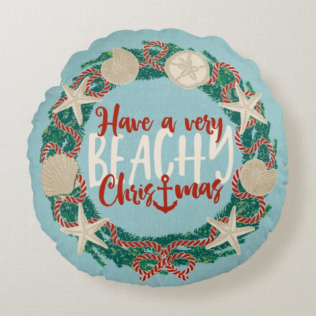 Christmas Coastal Tropical Sea Shell Wreath -Aqua Rond Kussen (Voorkant)