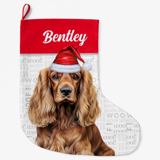 Christmas Cocker Spaniel with Dog's Name Grote Kerstsok (Voorkant)