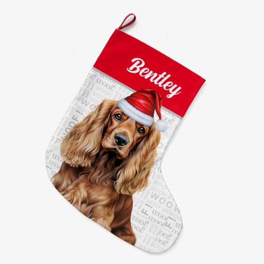 Christmas Cocker Spaniel with Dog's Name Grote Kerstsok (Voorkant (Hangend))