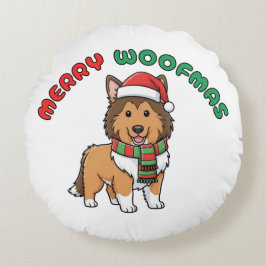 Christmas Collie Round Pillow: Merry Woofmas Rond Kussen