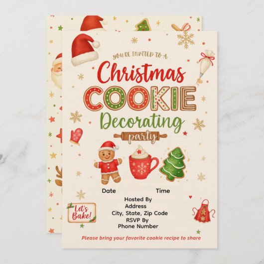 Christmas Cookie Decorating Party Invitation | Kid Kaart (Voorkant / Achterkant)
