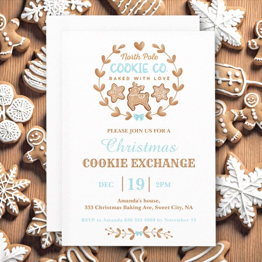 Christmas Cookie Exchange Gingerbread Blue Simple Kaart
