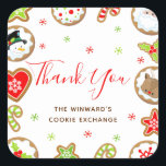 Christmas Cookie Exchange Party Rood Dank u Vierkante Sticker<br><div class="desc">Deze schattige en leuke sticker is voorzien van ijskoekjes met schattige personages zoals een sneeuwman, rendier en Sinterklaas. Holly, snoepriet en sneeuwvlokken voegen een feestelijke touch toe. De tekst combineert handgeschreven script en schreefloze lettertypen voor een stijlvolle en moderne look. Dit is perfect voor een feestelijke bakkerij, koekjesdecoratie, koekjesruil en...</div>