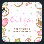Christmas Cookie Exchange Party Roze Dank u Vierkante Sticker<br><div class="desc">Deze schattige en leuke sticker is voorzien van ijskoekjes met schattige personages zoals een sneeuwman, rendier en Sinterklaas. Holly, snoepriet en sneeuwvlokken voegen een feestelijke touch toe. De tekst combineert handgeschreven script en schreefloze lettertypen voor een stijlvolle en moderne look. Dit is perfect voor een feestelijke bakkerij, koekjesdecoratie, koekjesruil en...</div>