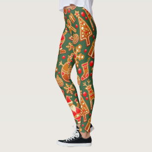 Christmas Cookie Fun Holiday Items on Green Leggings